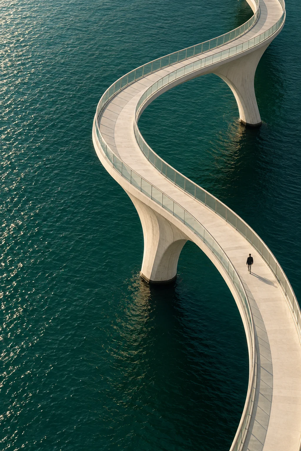 A sculptural pedestrian bridge connecting across deep green water