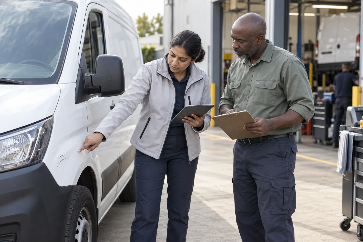 Illustrative scene of a loss adjuster recording a vehicle inspection with a workshop supervisor.