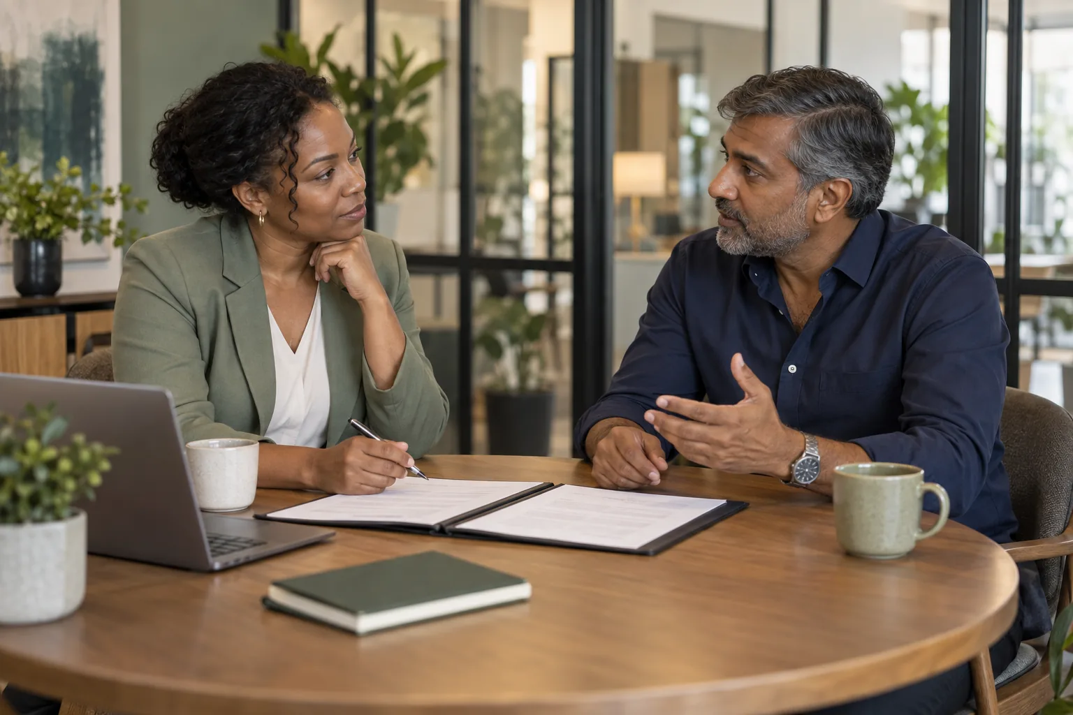 Illustrative scene of an insurance adviser discussing coverage with a business owner.