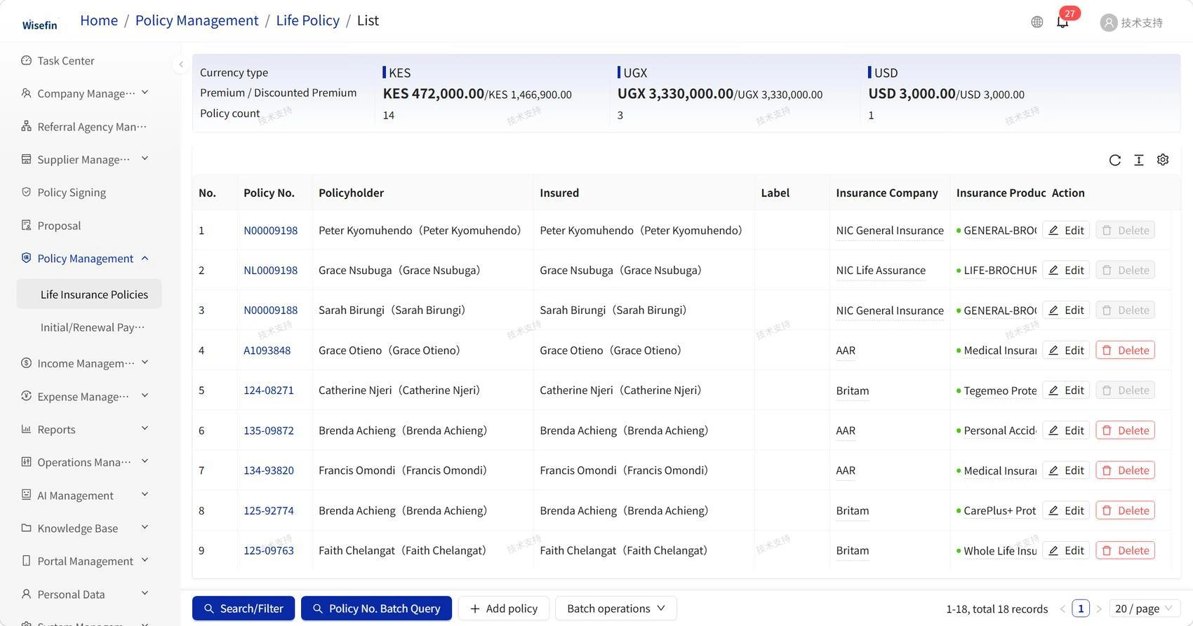 WiseFin Management Portal policy list, with sample records